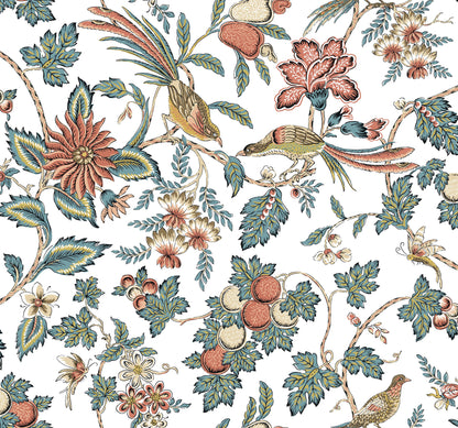 York Wallcoverings Antonina Vella Parterre Coral Jacobean Wallpaper Animals Traditional Cornflower & Ginger  Wallpaper - VP1316