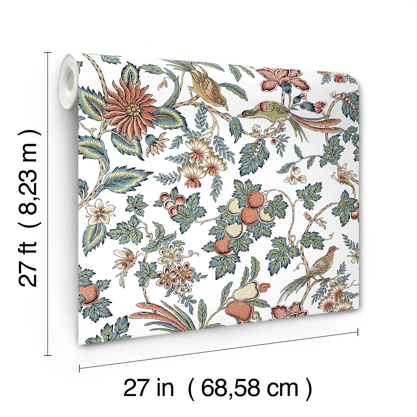 York Wallcoverings Antonina Vella Parterre Coral Jacobean Wallpaper Animals Traditional Cornflower & Ginger  Wallpaper - VP1316