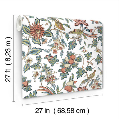 York Wallcoverings Antonina Vella Parterre Coral Jacobean Wallpaper Animals Traditional Cornflower & Ginger  Wallpaper - VP1316