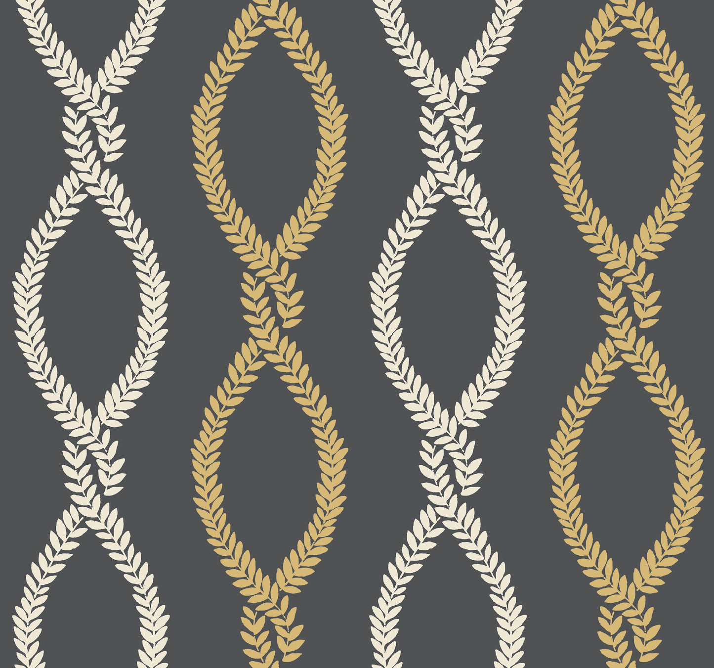 Dark grey background with cream and gold laurel garland ovals in a repeating wallpaper pattern.