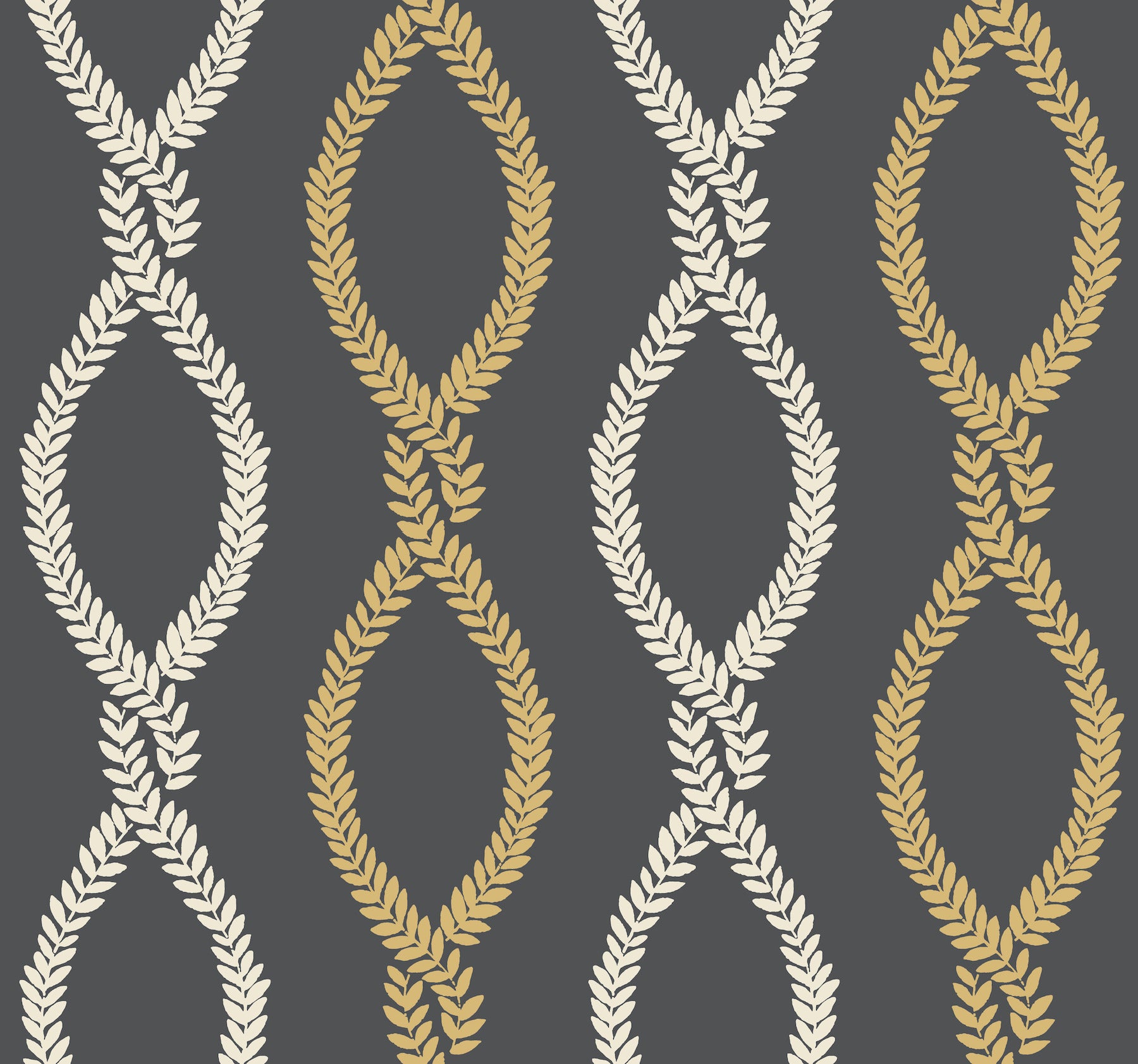 Dark grey background with cream and gold laurel garland ovals in a repeating wallpaper pattern.