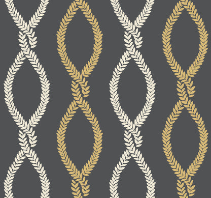 Dark grey background with cream and gold laurel garland ovals in a repeating wallpaper pattern.