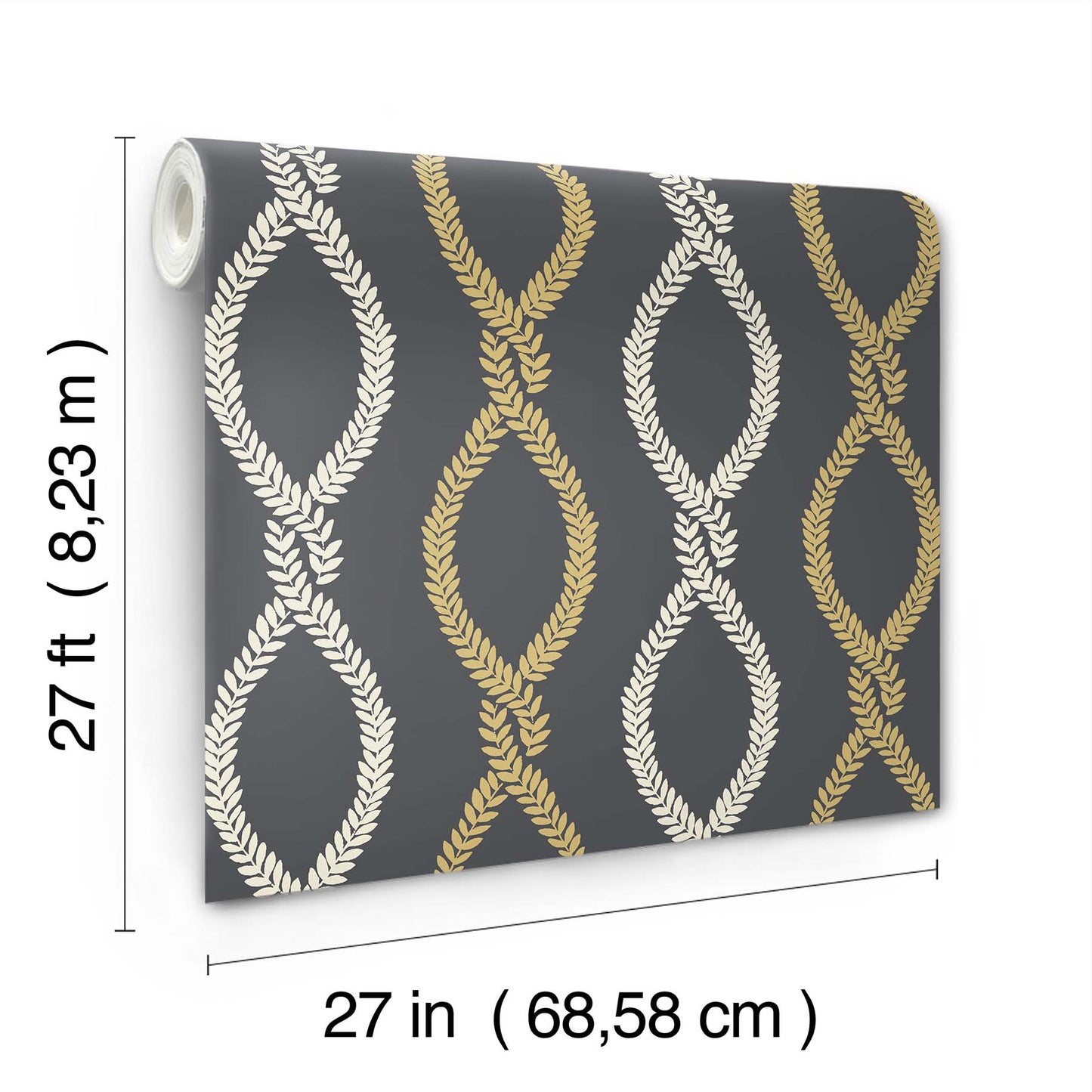 Charcoal wallpaper with white and gold rope-knot lattice pattern; roll, 27 ft long, 27 in wide.