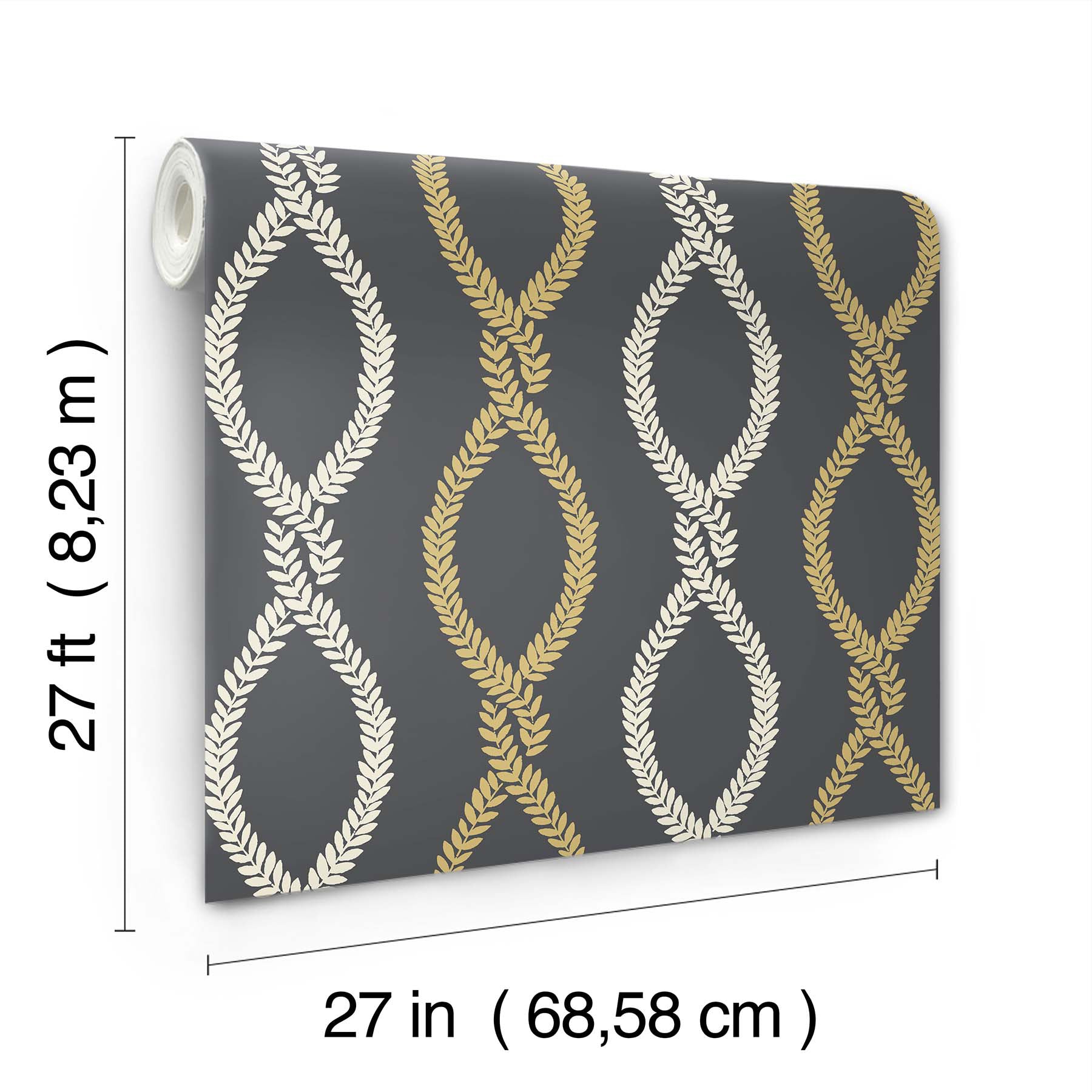 Charcoal wallpaper with white and gold rope-knot lattice pattern; roll, 27 ft long, 27 in wide.