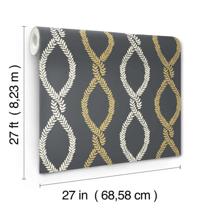Charcoal wallpaper with white and gold rope-knot lattice pattern; roll, 27 ft long, 27 in wide.