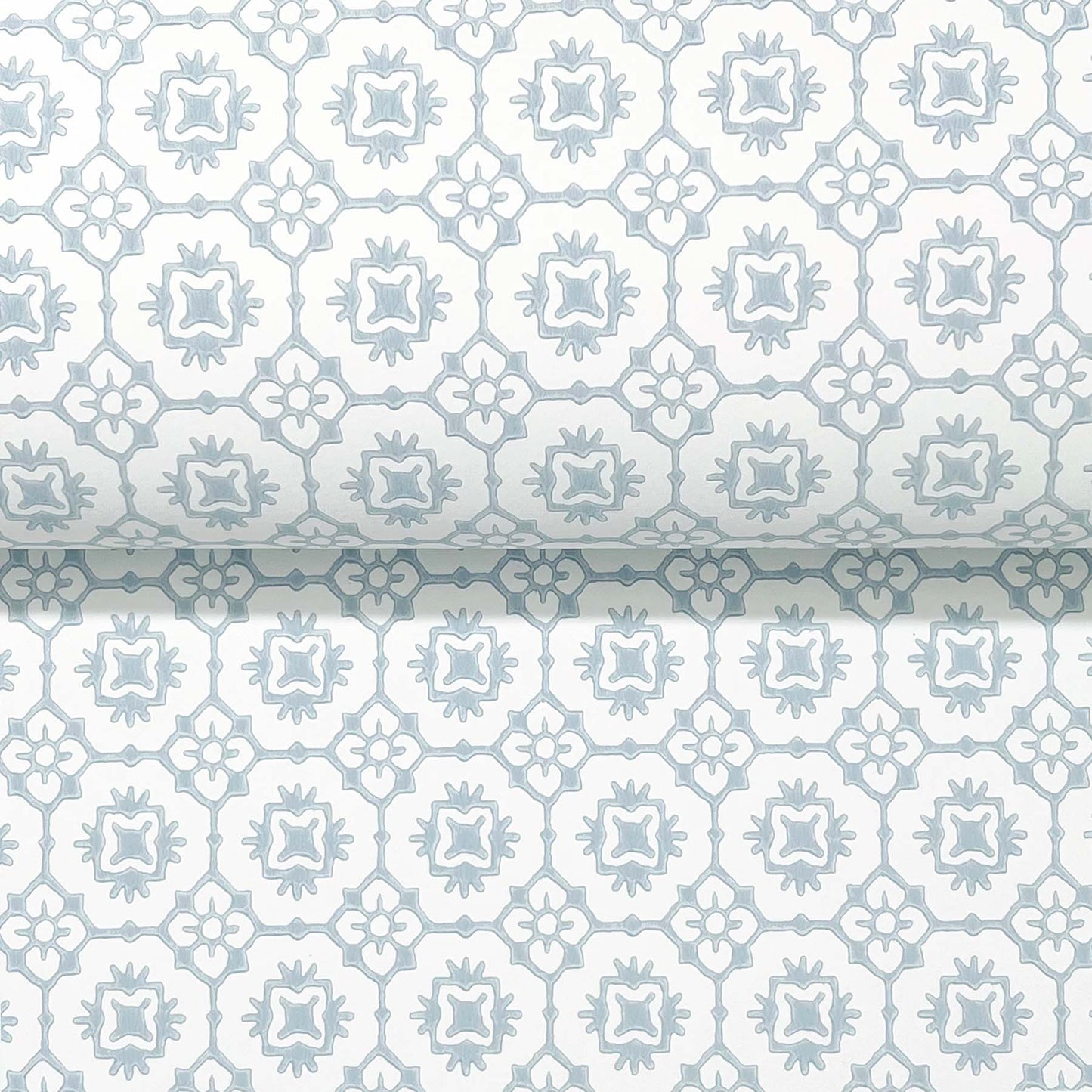 Pale blue geometric floral lattice with rosettes on white, repeating pattern with a rolled edge.