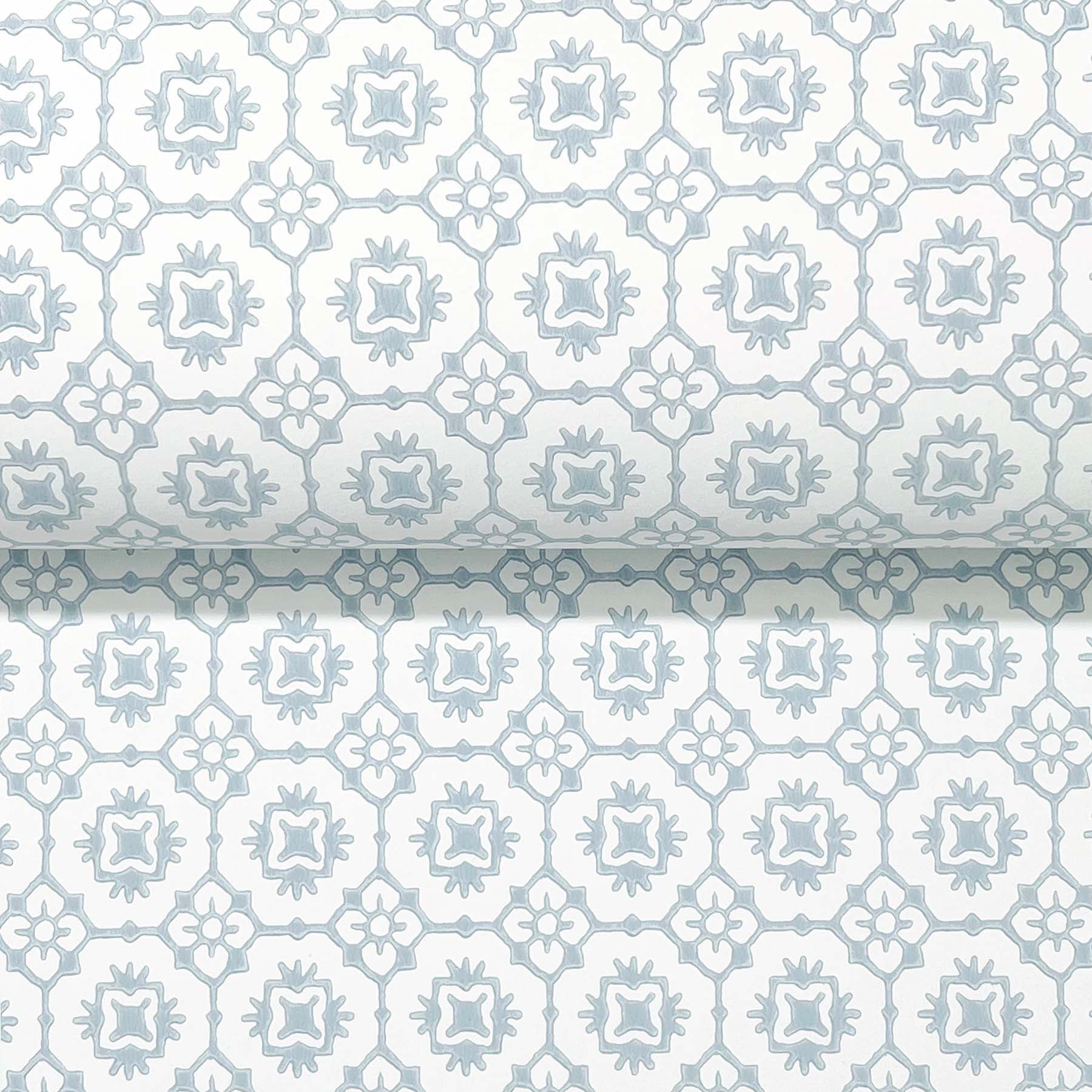 Pale blue geometric floral lattice with rosettes on white, repeating pattern with a rolled edge.