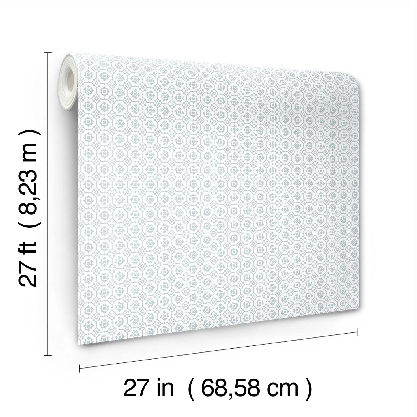 Wallpaper roll featuring a repeating light blue floral grid motif on white; 27 in wide by 27 ft long.