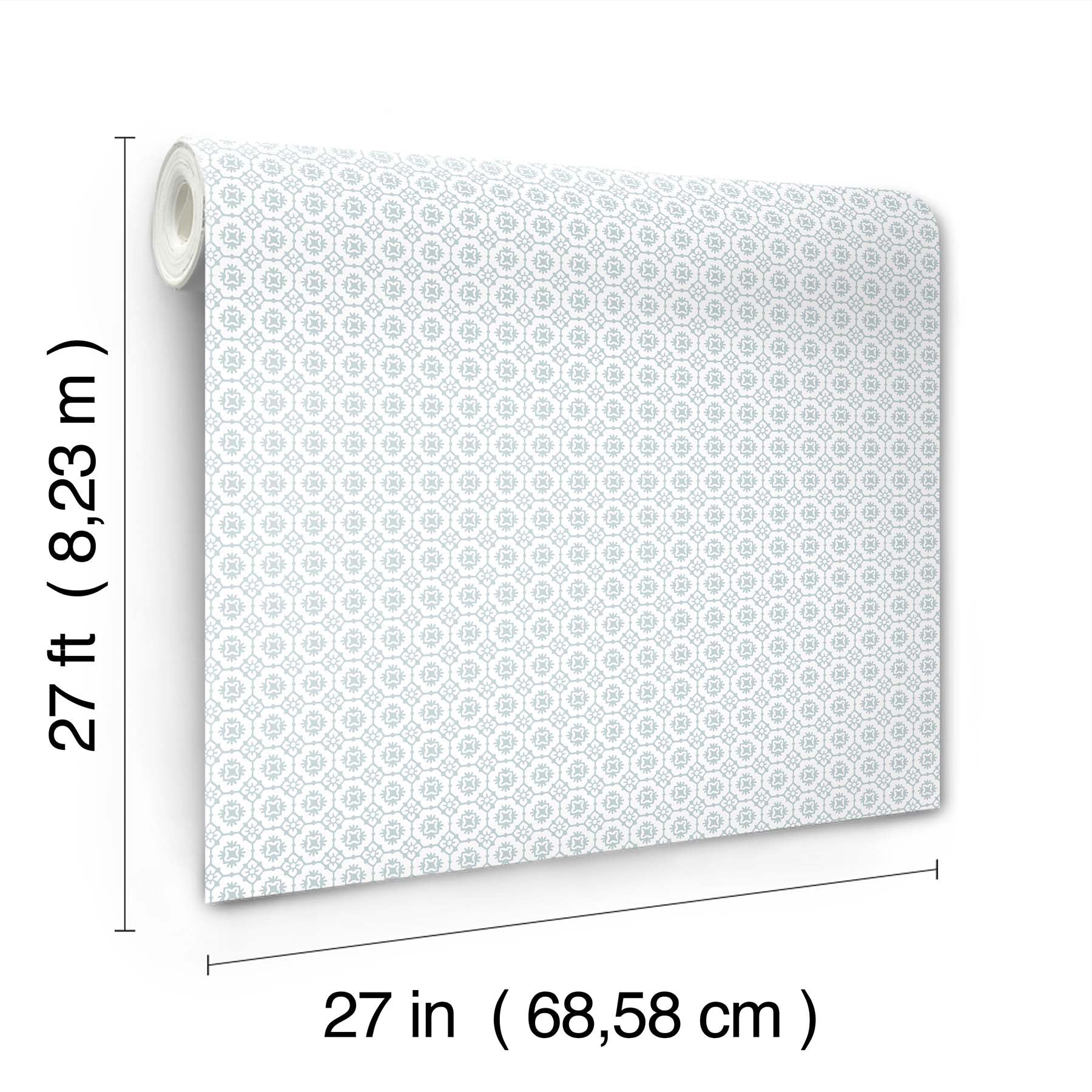 Wallpaper roll featuring a repeating light blue floral grid motif on white; 27 in wide by 27 ft long.