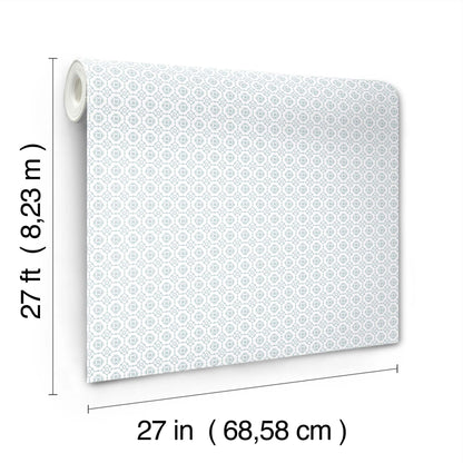 Wallpaper roll featuring a repeating light blue floral grid motif on white; 27 in wide by 27 ft long.