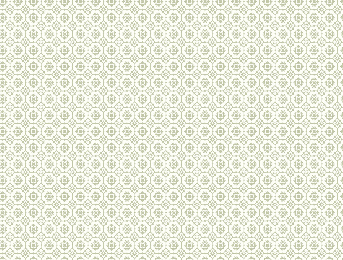 Cream background with pale green circular floral medallions in a repeating vintage geometric pattern; wallpaper.