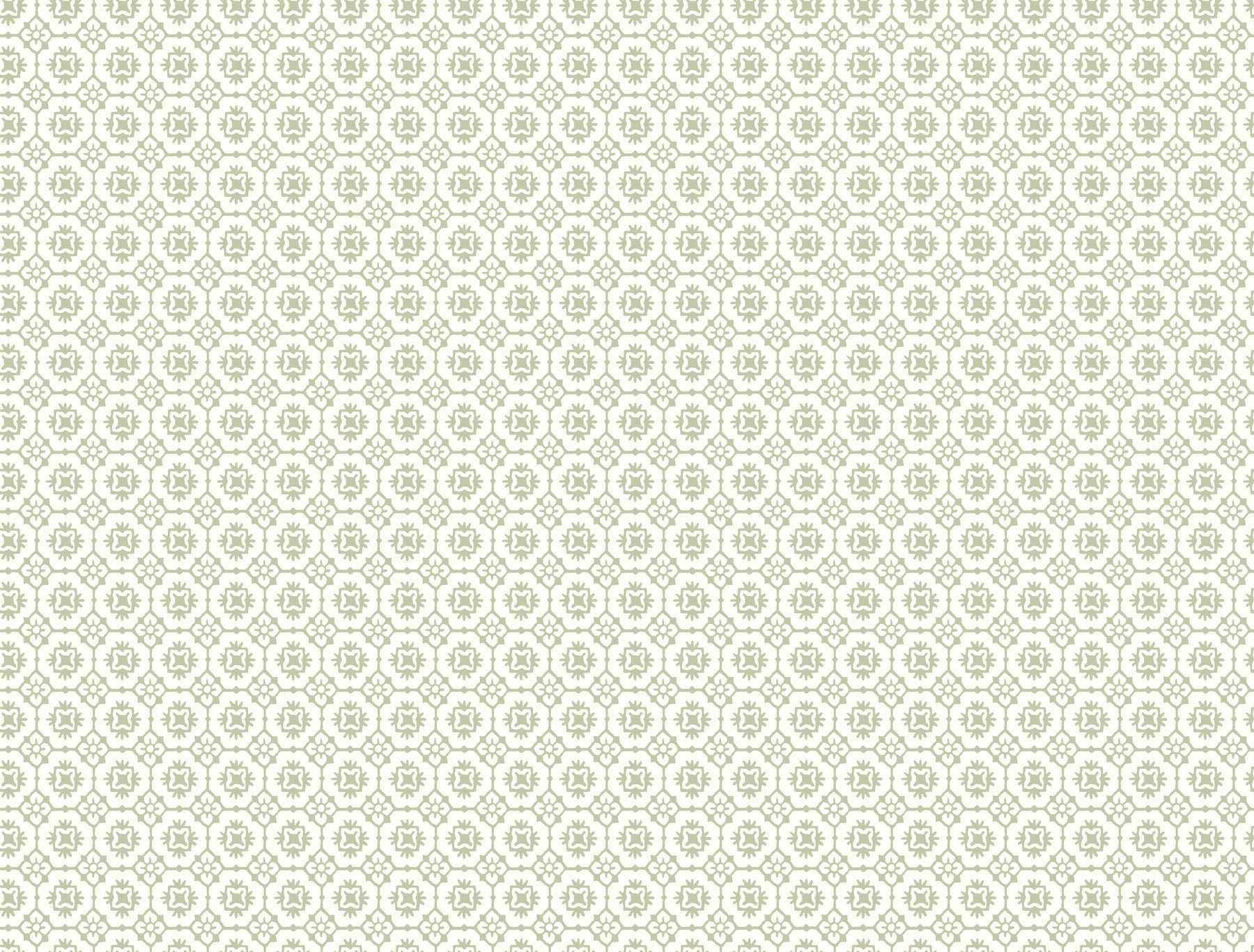 Cream background with pale green circular floral medallions in a repeating vintage geometric pattern; wallpaper.