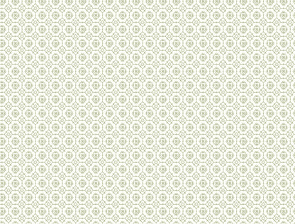 Cream background with pale green circular floral medallions in a repeating vintage geometric pattern; wallpaper.