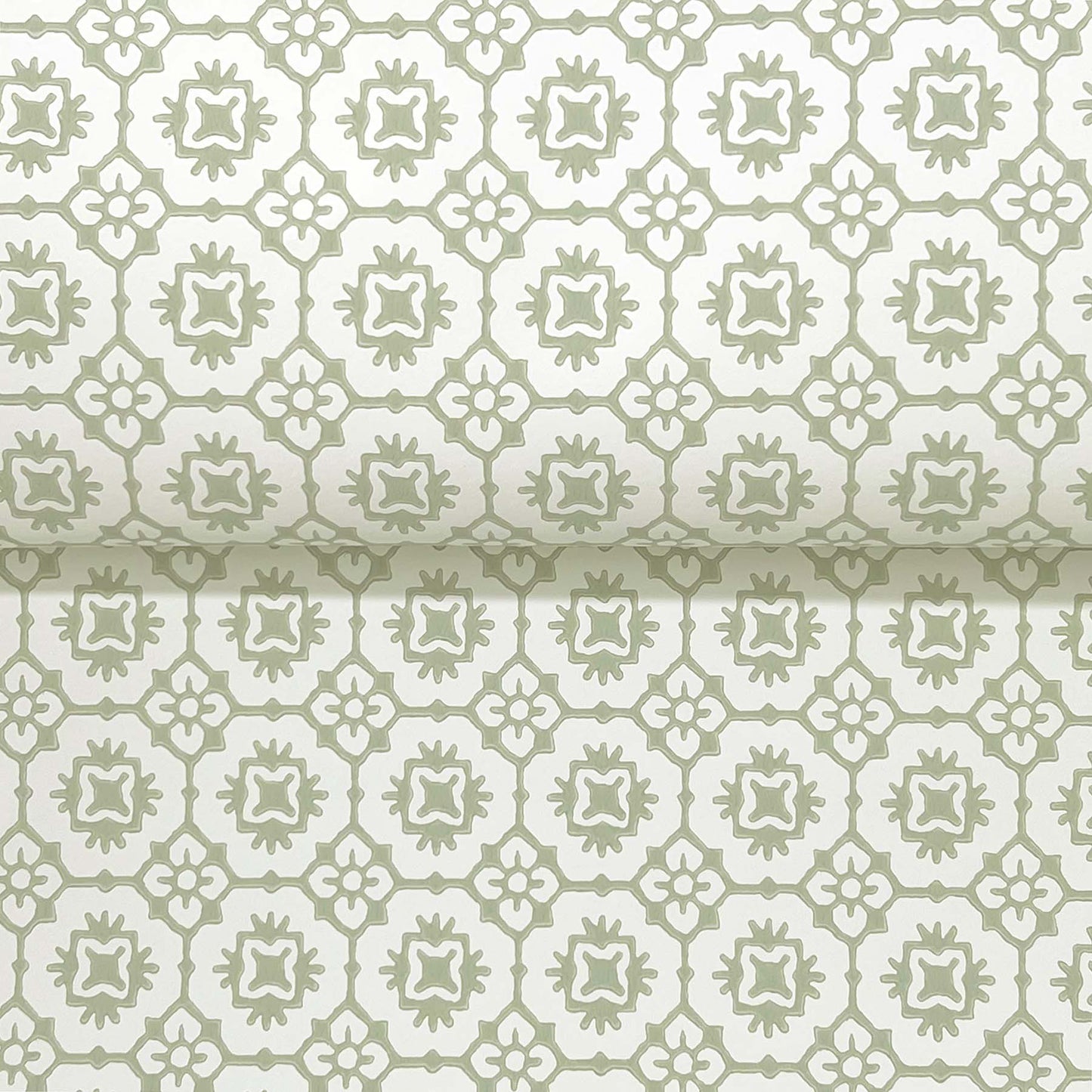 Beige/stone and pale sage wallpaper with geometric floral lattice and repeating quatrefoil motifs in a damask-like pattern.