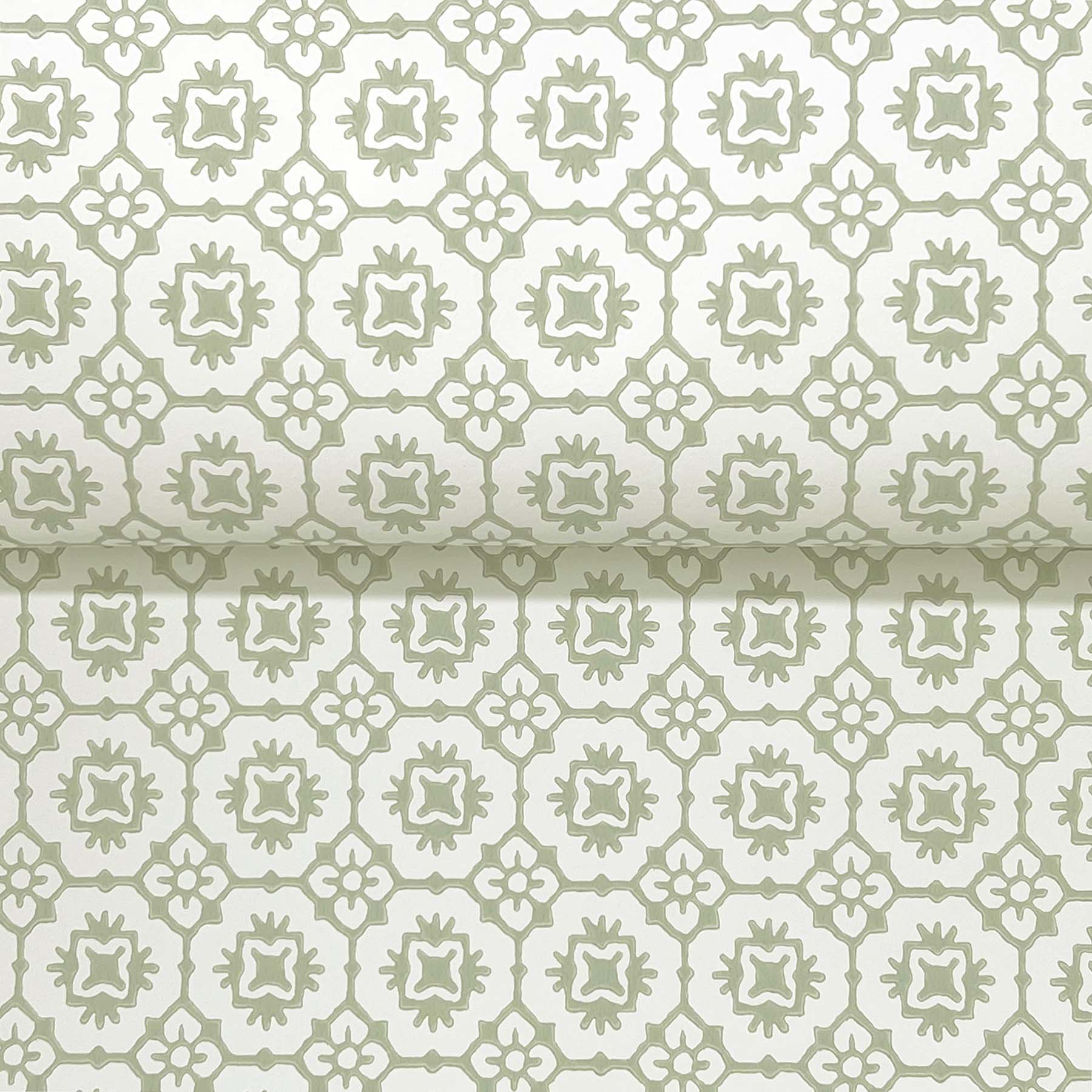 Beige/stone and pale sage wallpaper with geometric floral lattice and repeating quatrefoil motifs in a damask-like pattern.