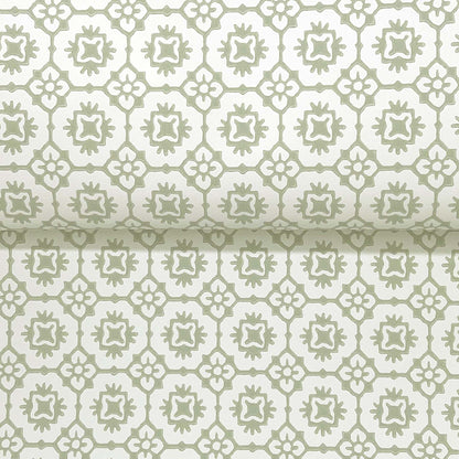 Beige/stone and pale sage wallpaper with geometric floral lattice and repeating quatrefoil motifs in a damask-like pattern.