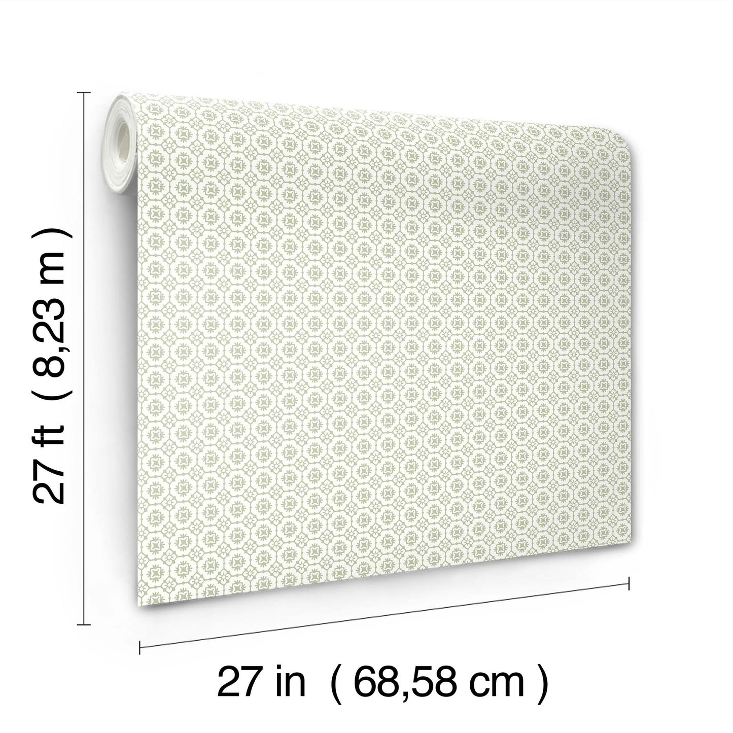 Off-white wallpaper roll with a tiny beige circular geometric pattern; 27 in wide by 27 ft long.