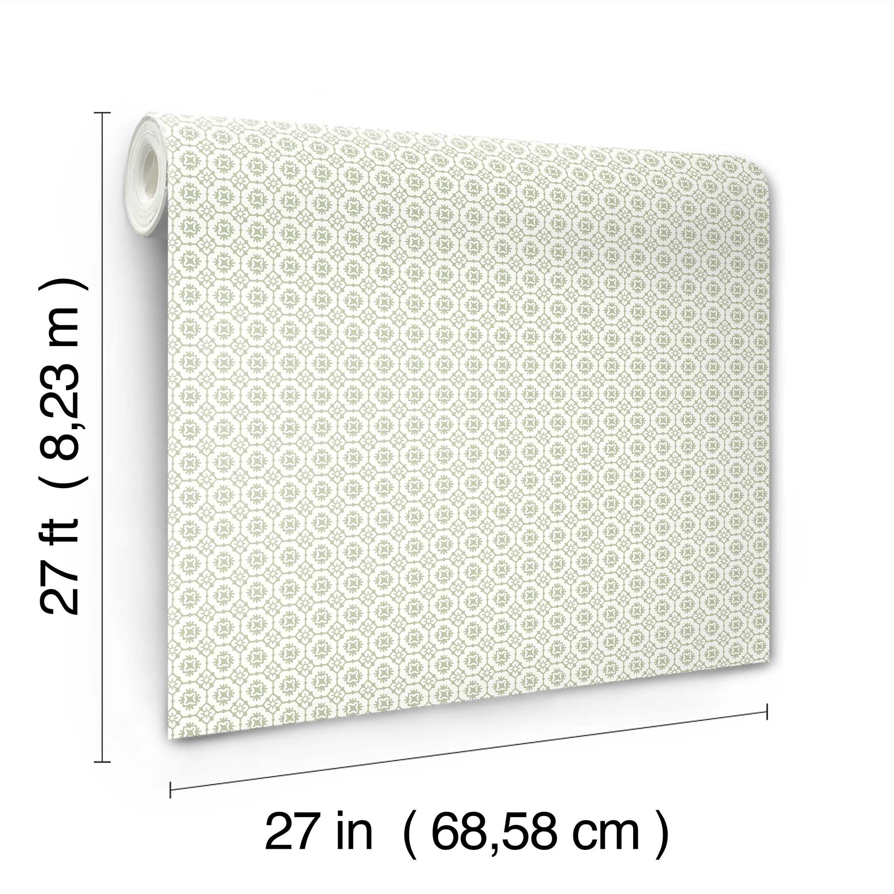 Off-white wallpaper roll with a tiny beige circular geometric pattern; 27 in wide by 27 ft long.