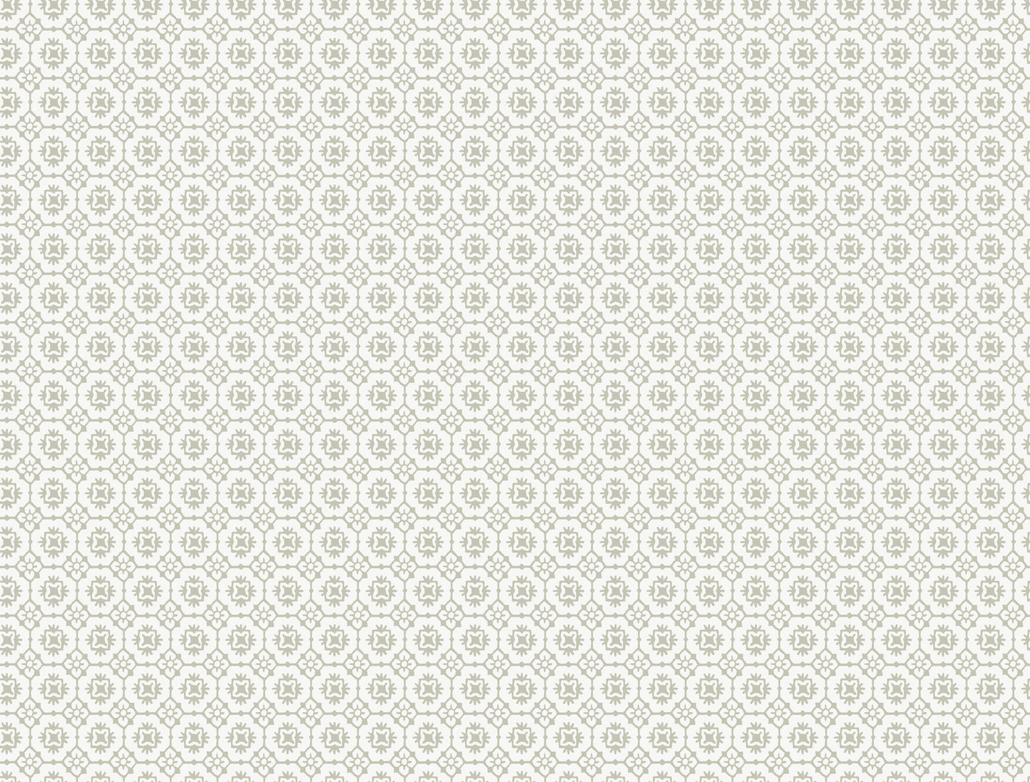 Grey wallpaper with a delicate repeating circular floral medallion pattern in a subtle grid layout.