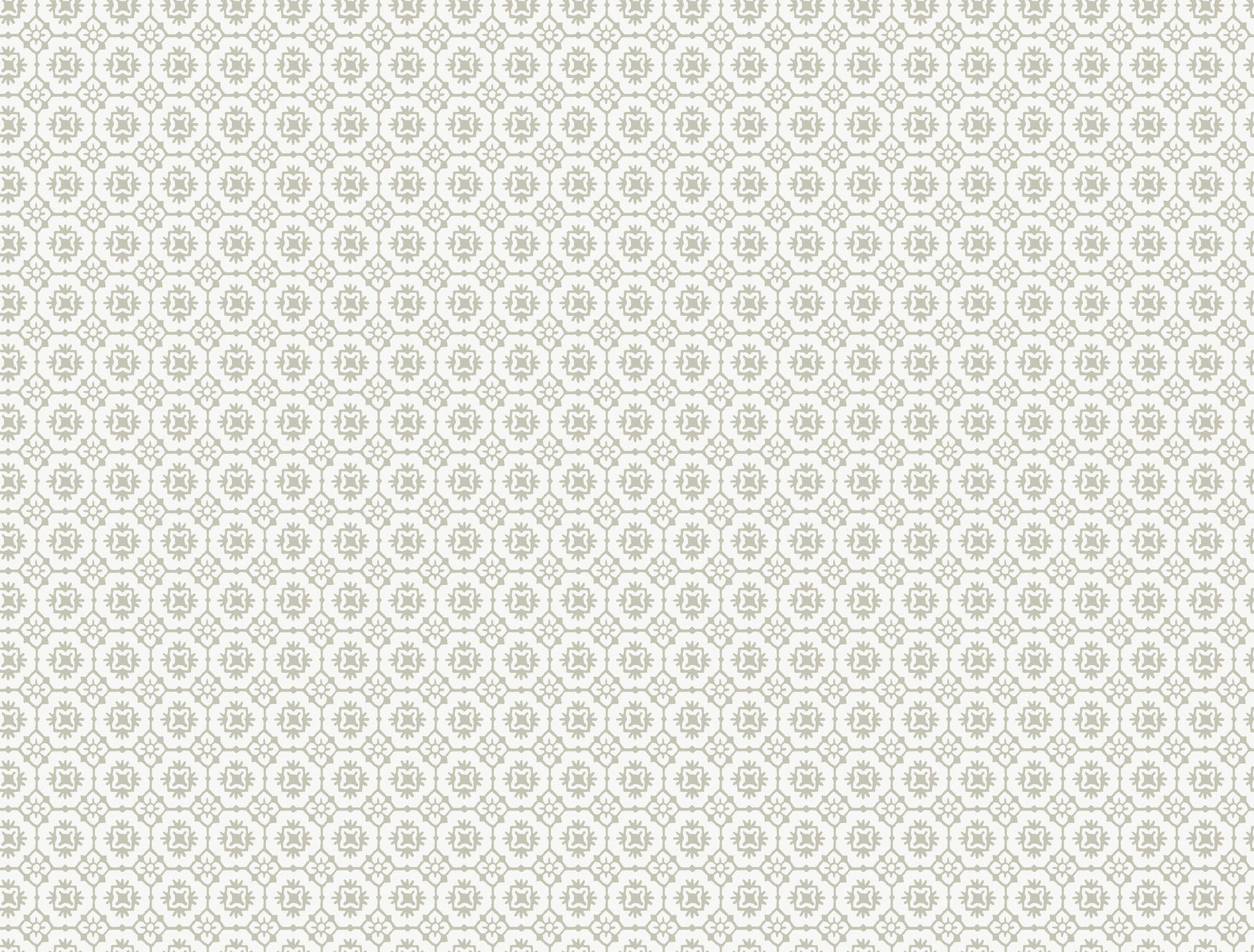 Grey wallpaper with a delicate repeating circular floral medallion pattern in a subtle grid layout.