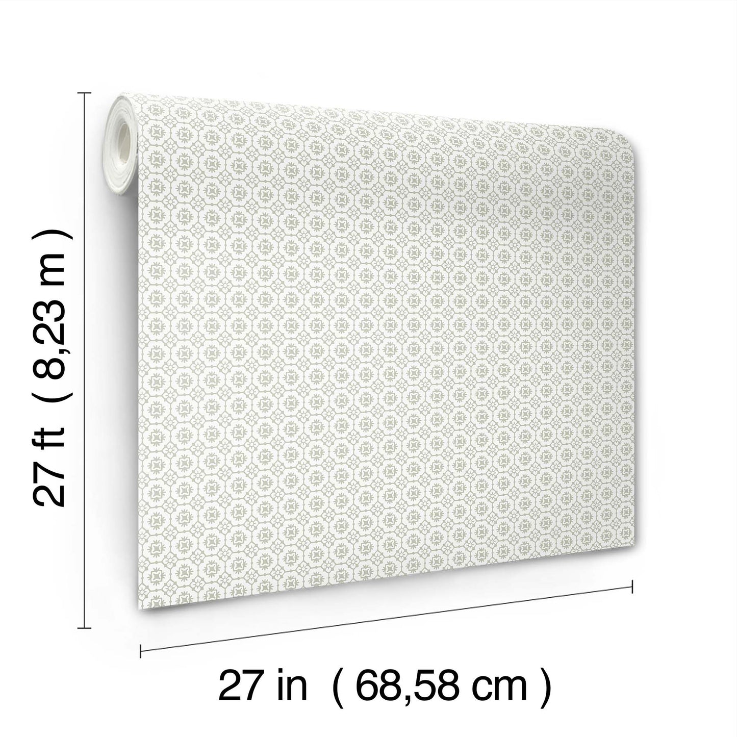 Rolled wallpaper in pale gray with floral grid pattern; 27 ft long by 27 in wide.