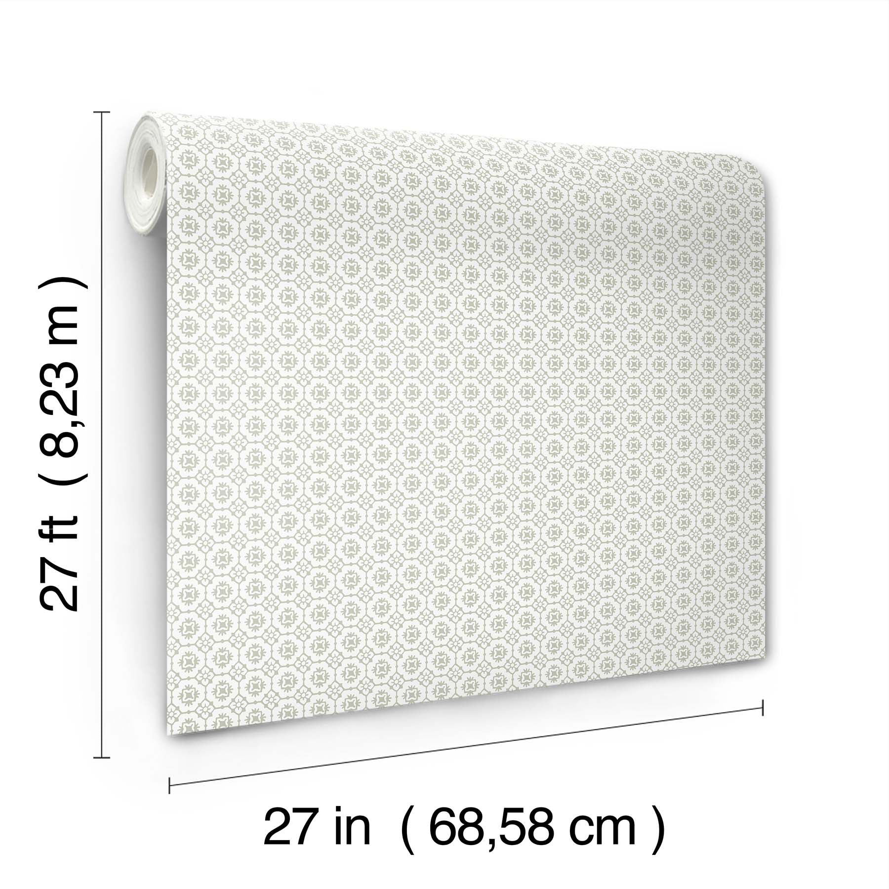 Rolled wallpaper in pale gray with floral grid pattern; 27 ft long by 27 in wide.