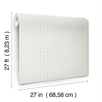 Rolled wallpaper in pale gray with floral grid pattern; 27 ft long by 27 in wide.