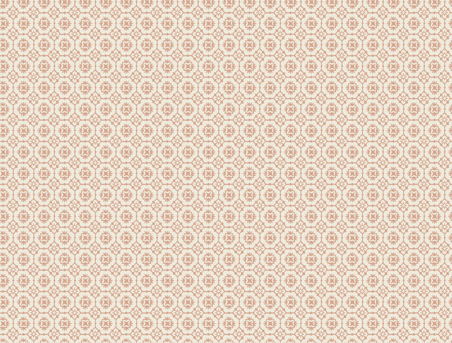 Beige wallpaper with a repeating pale pink floral rosette motif and a damask-style grid pattern.