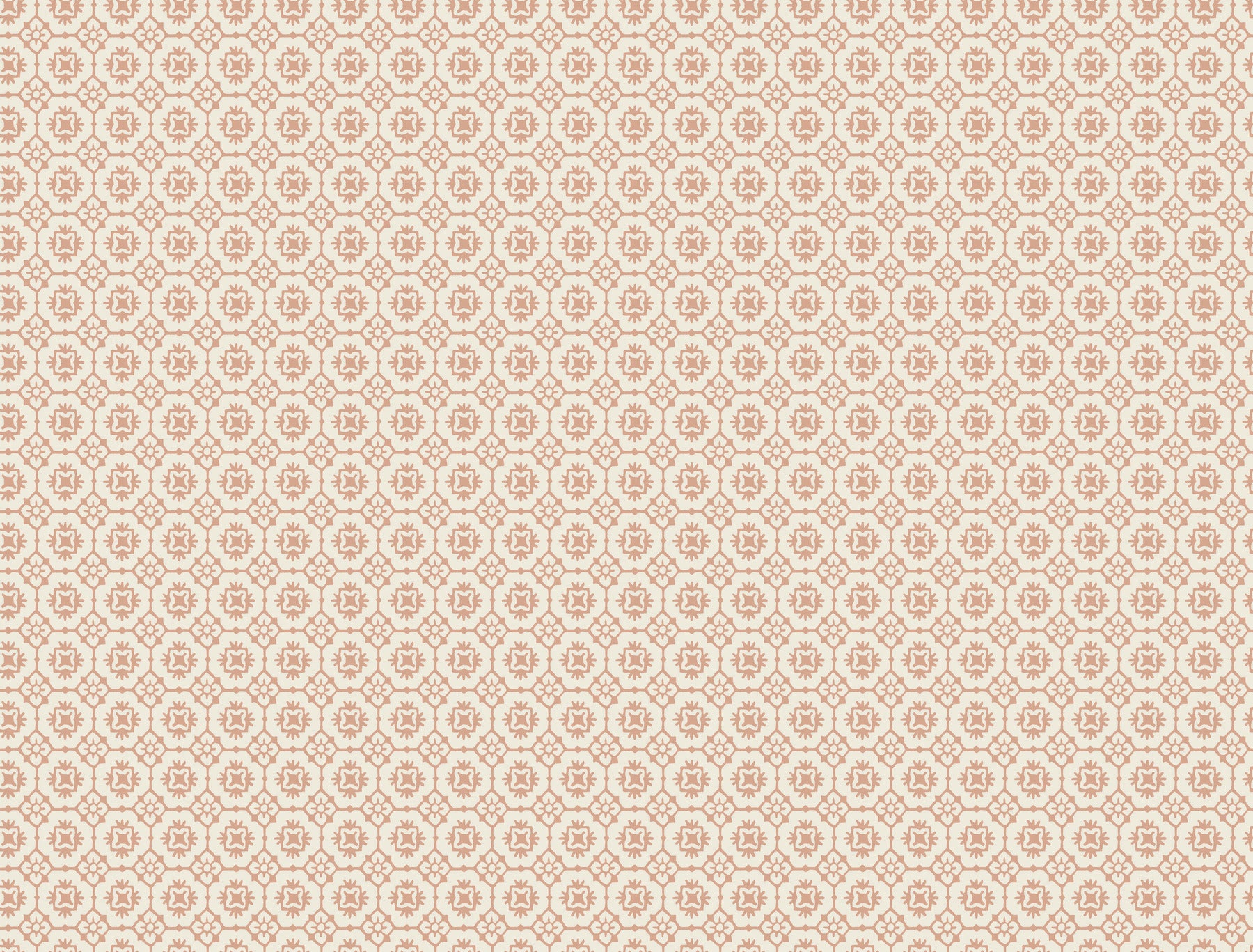 Beige wallpaper with a repeating pale pink floral rosette motif and a damask-style grid pattern.