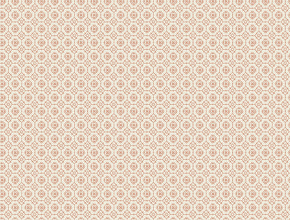 Beige wallpaper with a repeating pale pink floral rosette motif and a damask-style grid pattern.