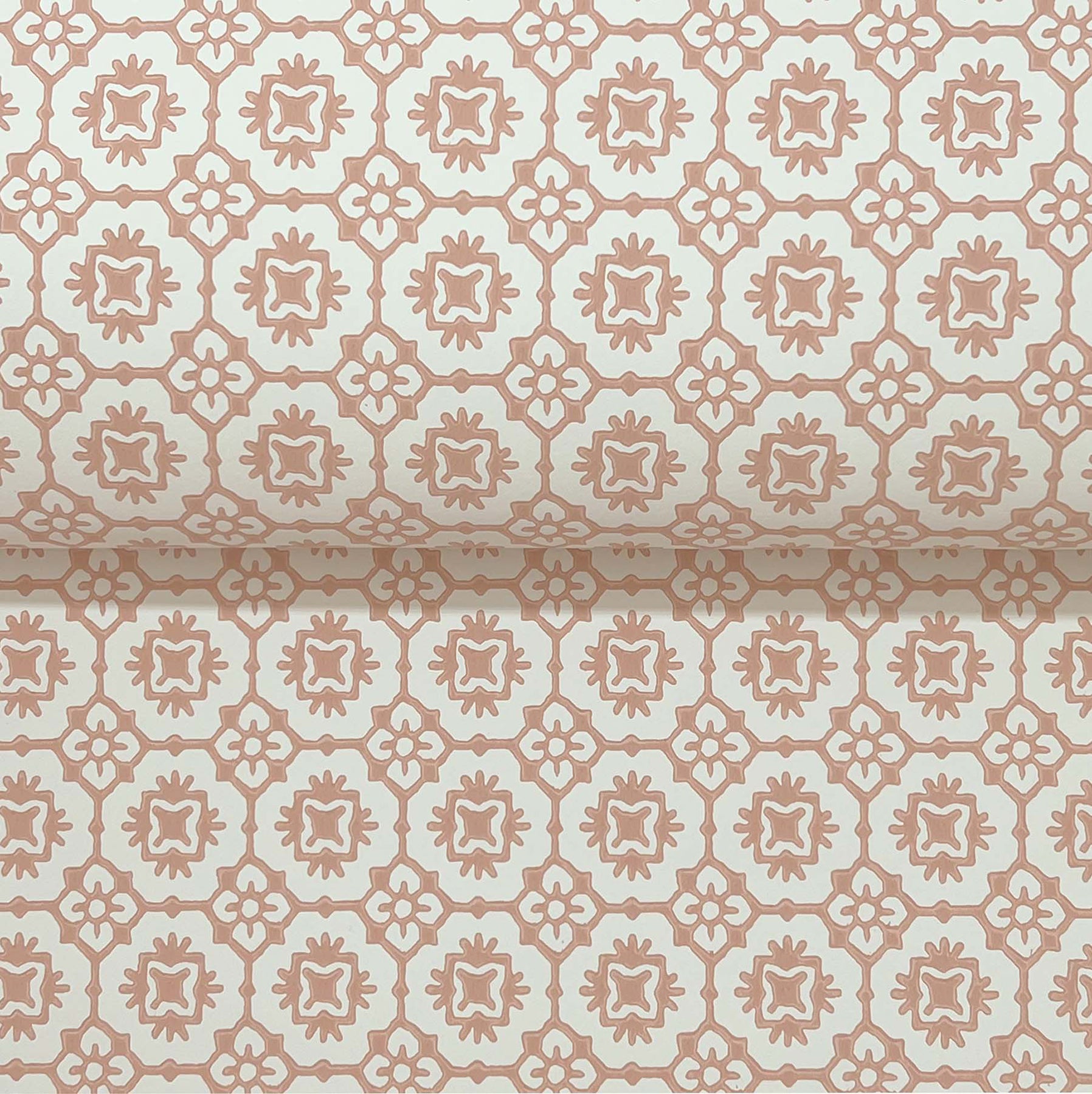 Peach-on-ivory geometric floral lattice wallpaper with rosette motifs; vintage tile-inspired decor.