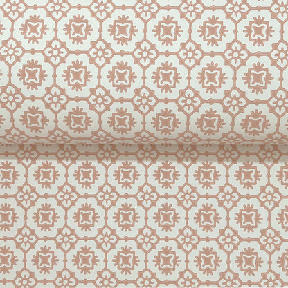 Peach-on-ivory geometric floral lattice wallpaper with rosette motifs; vintage tile-inspired decor.