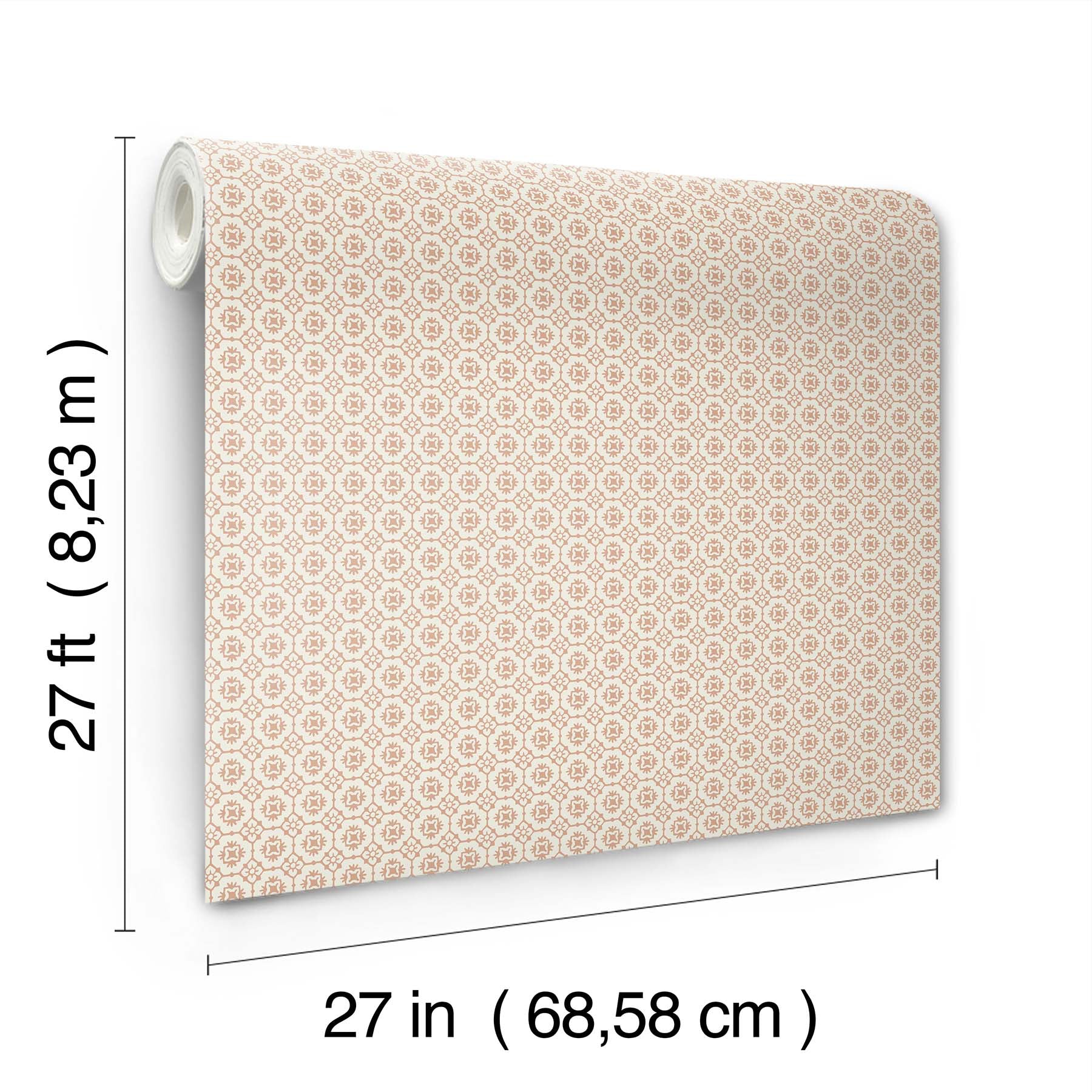 Beige wallpaper roll with a rose floral grid pattern in cream tones; 27 in wide by 27 ft long.