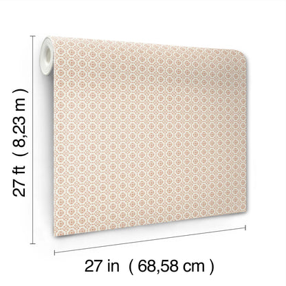Beige wallpaper roll with a rose floral grid pattern in cream tones; 27 in wide by 27 ft long.