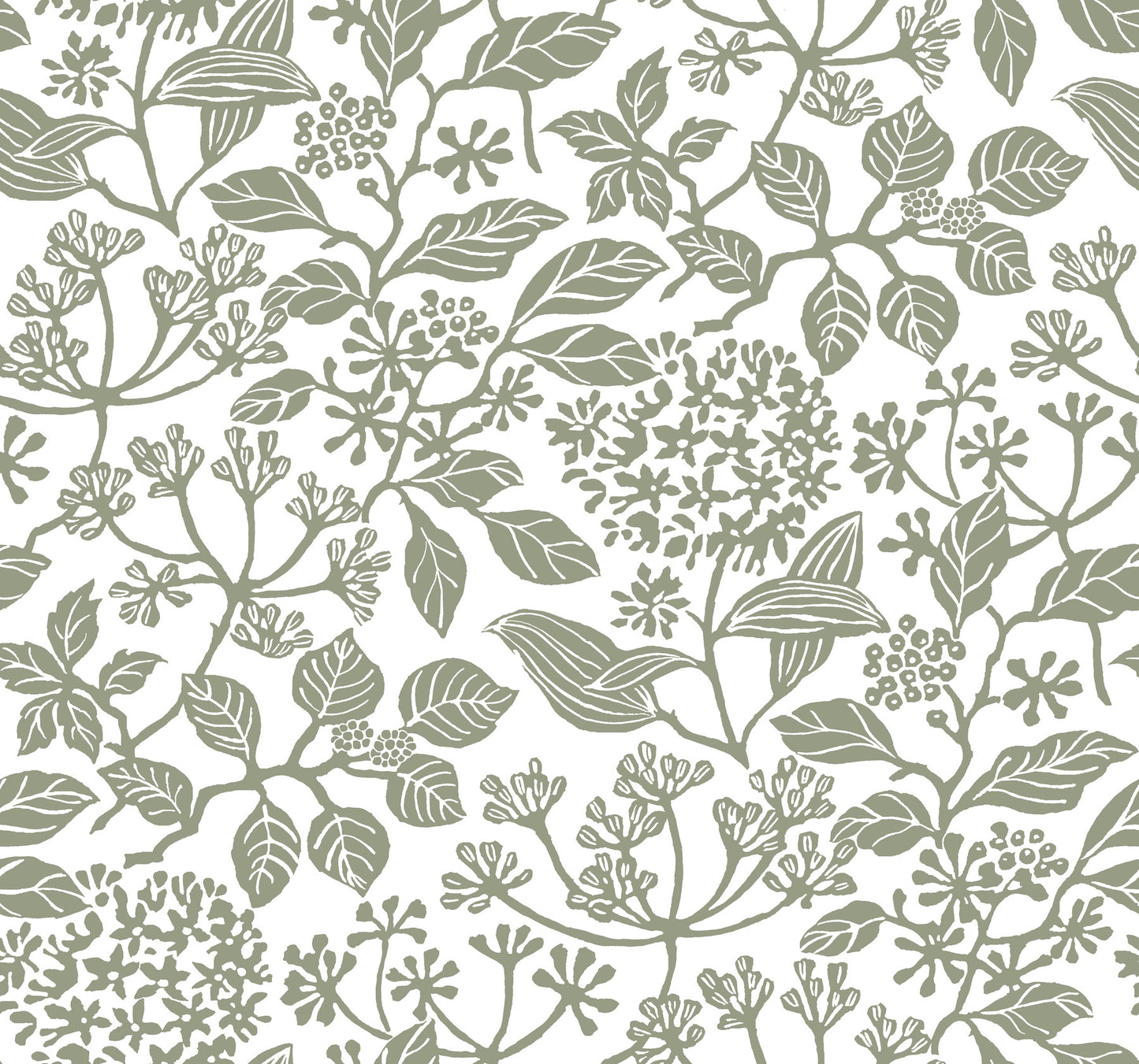 VP1343-inspired botanical print with green-gray leaves and tiny flower clusters on white background.