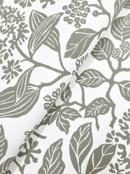 Close-up of a grey botanical wallpaper pattern with leaves, berries and branches.
