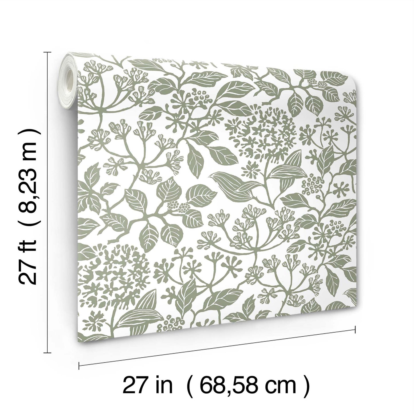 Botanical leaf wallpaper roll in muted sage green on white, 27 in wide by 27 ft long.