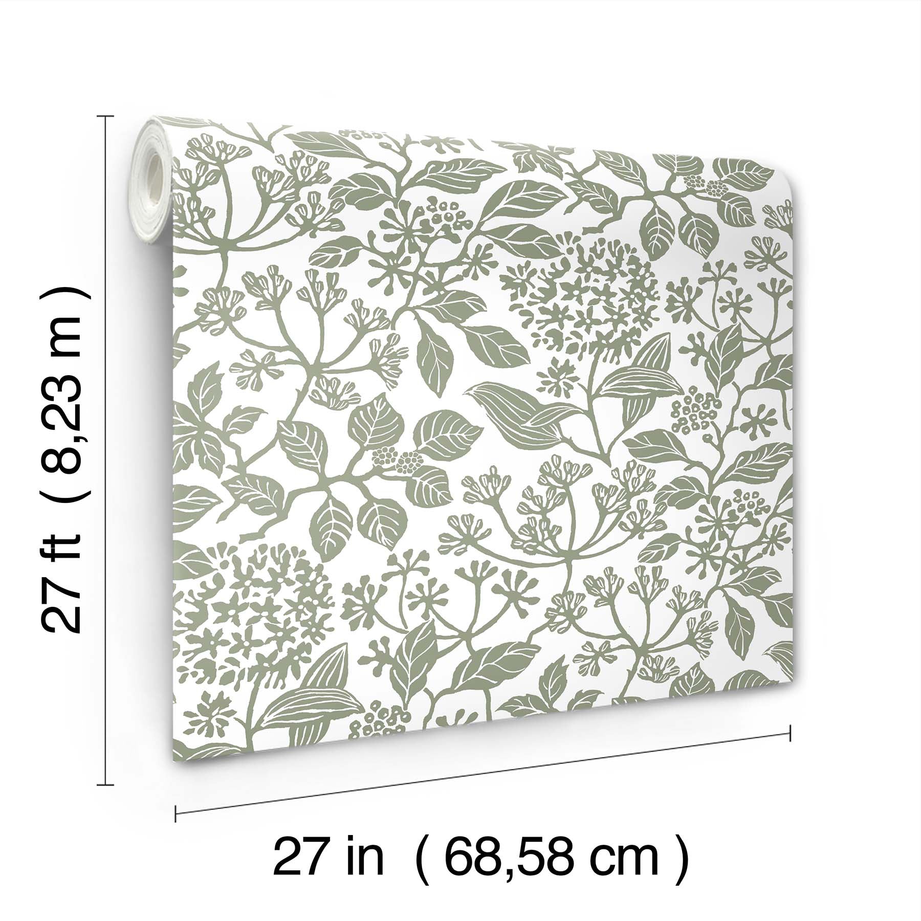 Botanical leaf wallpaper roll in muted sage green on white, 27 in wide by 27 ft long.