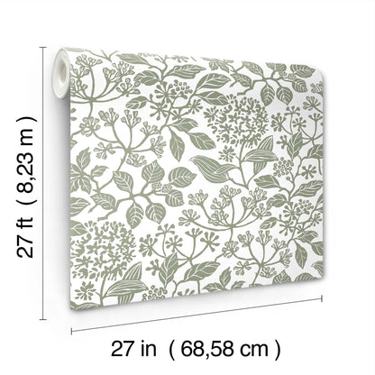 Botanical leaf wallpaper roll in muted sage green on white, 27 in wide by 27 ft long.