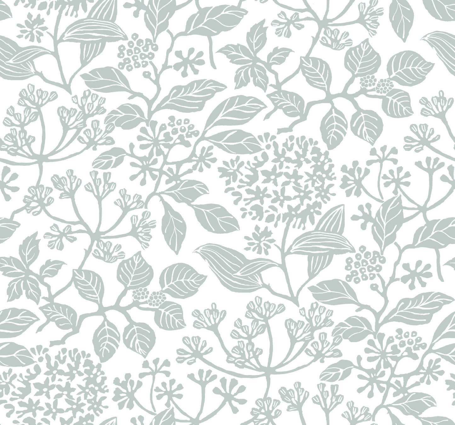 Soft blue-gray botanical wallpaper pattern with leaves and clustered flowers on a light background.