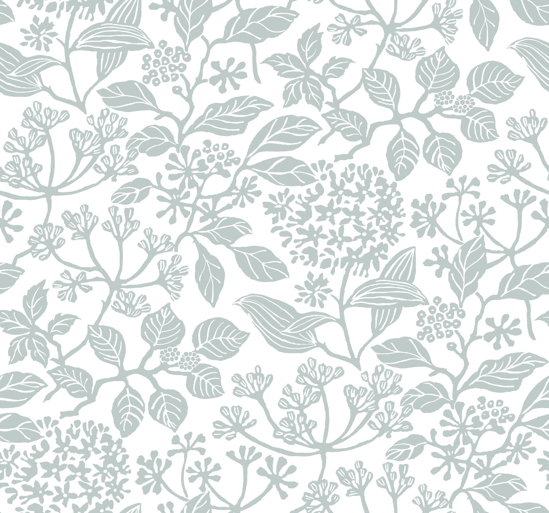 Soft blue-gray botanical wallpaper pattern with leaves and clustered flowers on a light background.
