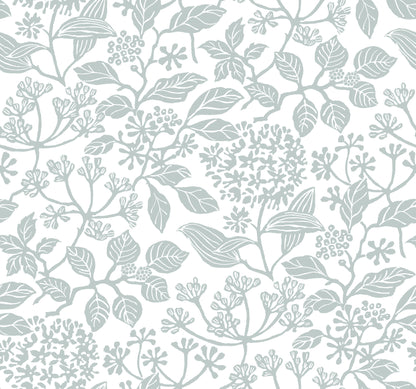 Soft blue-gray botanical wallpaper pattern with leaves and clustered flowers on a light background.