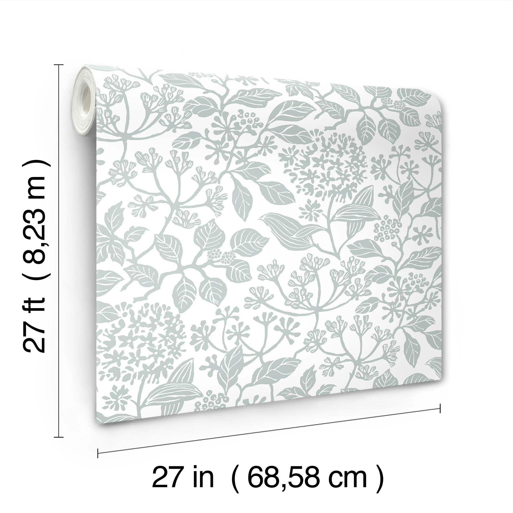 Wallpaper roll with pale gray botanical pattern on white; 27 in wide, 27 ft long.