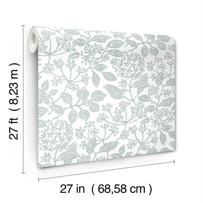 Wallpaper roll with pale gray botanical pattern on white; 27 in wide, 27 ft long.