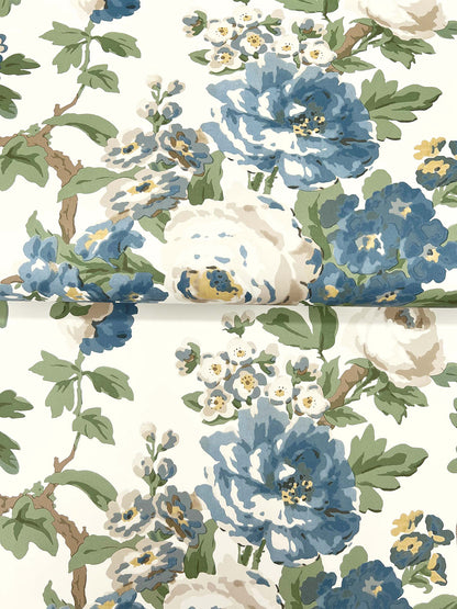 York Wallcoverings Antonina Vella Beatrix Blue Vintage Floral Wallpaper Graphics Farmhouse Blue & Green  Wallpaper - VP1352