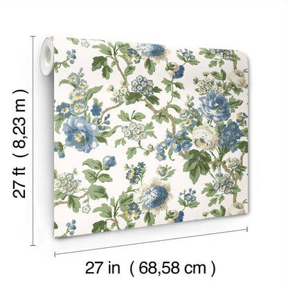 York Wallcoverings Antonina Vella Beatrix Blue Vintage Floral Wallpaper Graphics Farmhouse Blue & Green  Wallpaper - VP1352