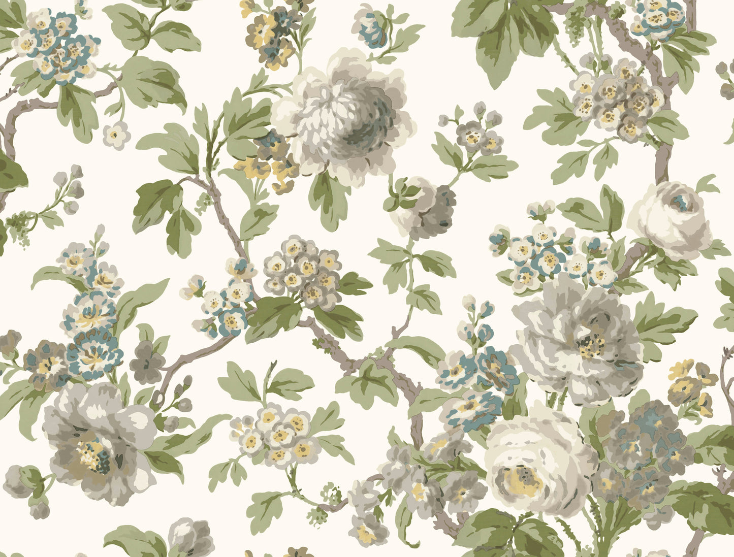 Floral wallpaper pattern on cream backdrop with white/gray peonies, pale blue blossoms, & green leaves; vintage botanical style.