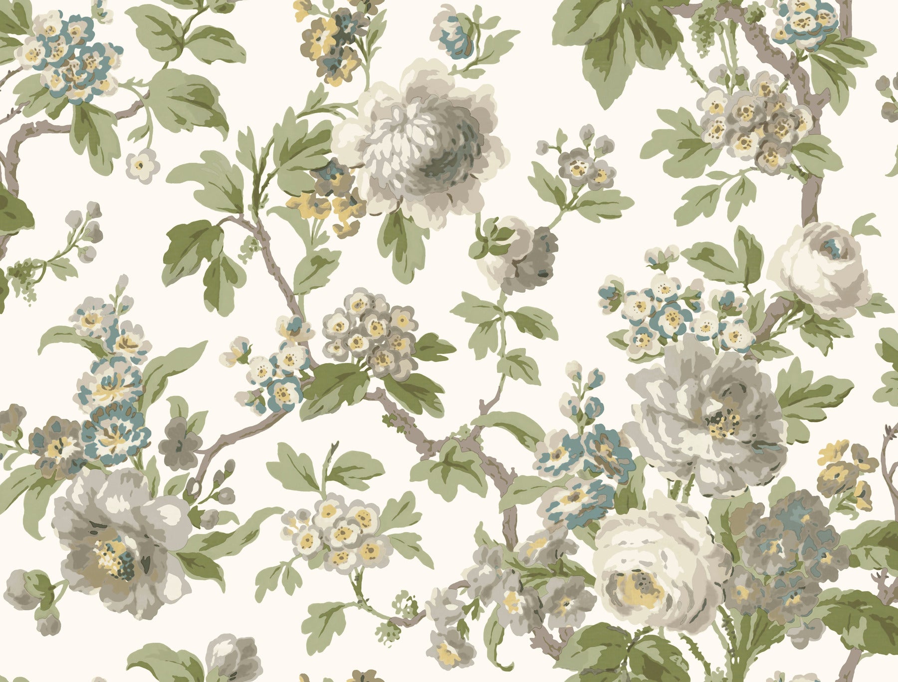 Floral wallpaper pattern on cream backdrop with white/gray peonies, pale blue blossoms, & green leaves; vintage botanical style.