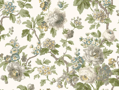 Floral wallpaper pattern on cream backdrop with white/gray peonies, pale blue blossoms, & green leaves; vintage botanical style.