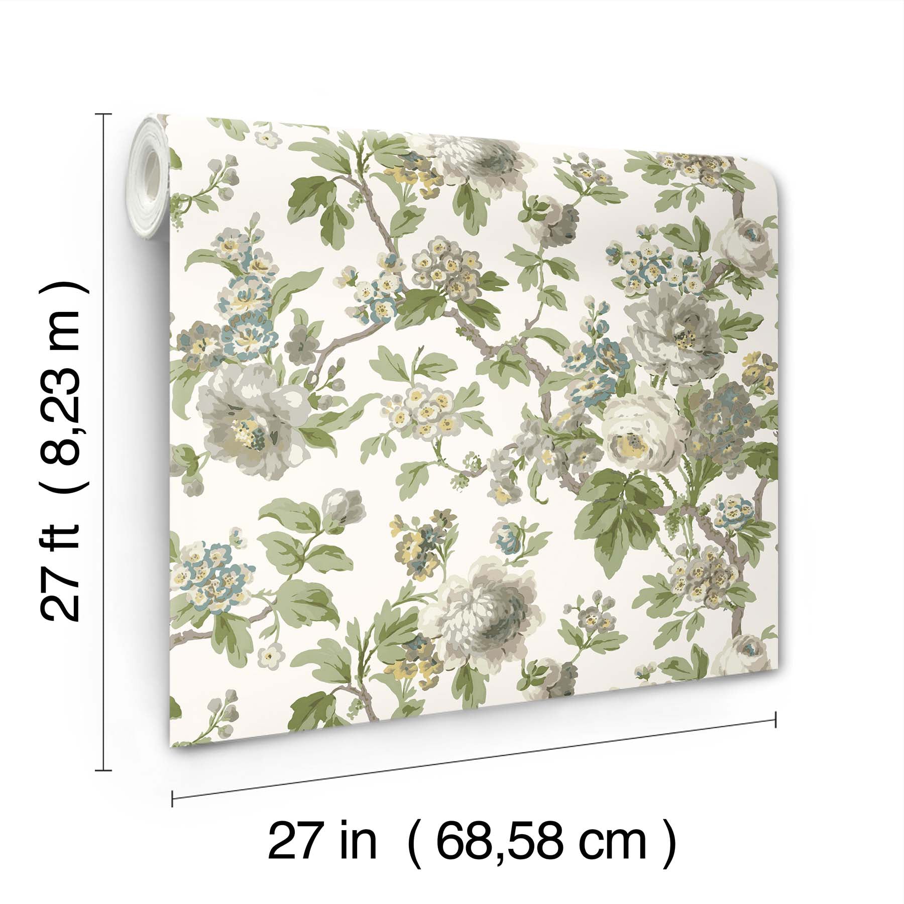 Floral botanical wallpaper roll in white with green leaves and pale blue-gray blossoms; 27in wide x 27ft long.